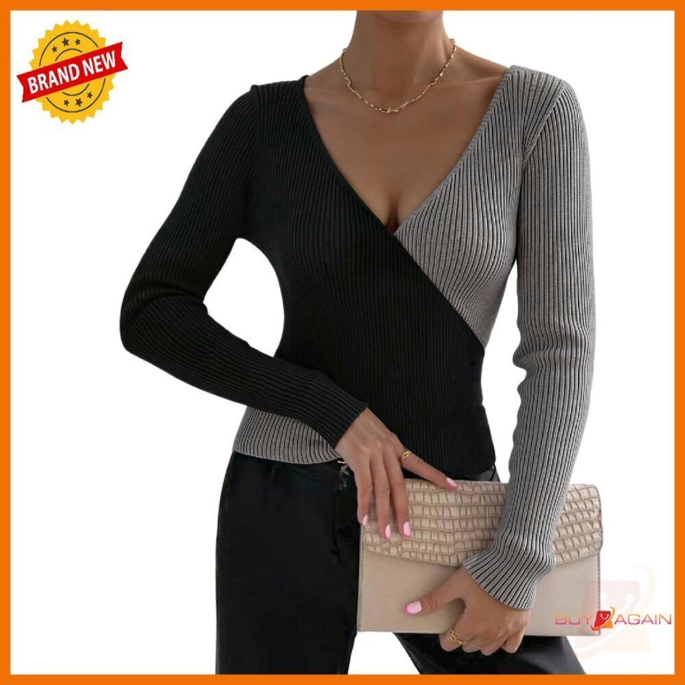 Wrap V-Neck Sweater Long Sleeve Slim Fit Criss Cross Knit Pullover